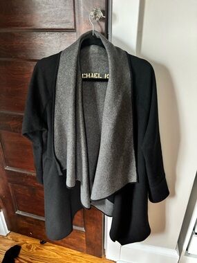 Michael Kors Black & Gray Open Front Draped Coat
